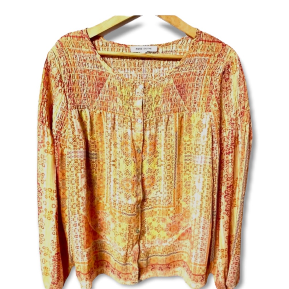 Rose + Olive boho sheered flowy button down long sleeve peasant top #40A
